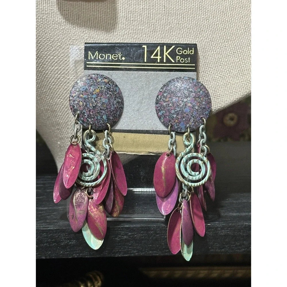 Monet Post Colorful Purple Enamel Dangle Earrings‎ with Textured Disc and Spiral